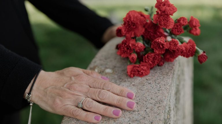 Delicate hands resting on headstone with red carnations, symbolizing remembrance.